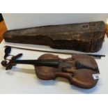 Early Violin and bows in wooden case marked Peter Ditan Feat 1667 plus 5 bows - Length of back of