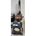 Slate mantle clock, copper urn and oil lamp