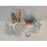 x2 Crystal bells, A Pair of Lead crystal glass swan frosted candle holders, Crystal Oyster with