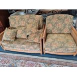 Light Ercol 2 Seater settee and matching chair green/gold floral needle cord