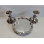 X2 Silver plated candlesticks and salver