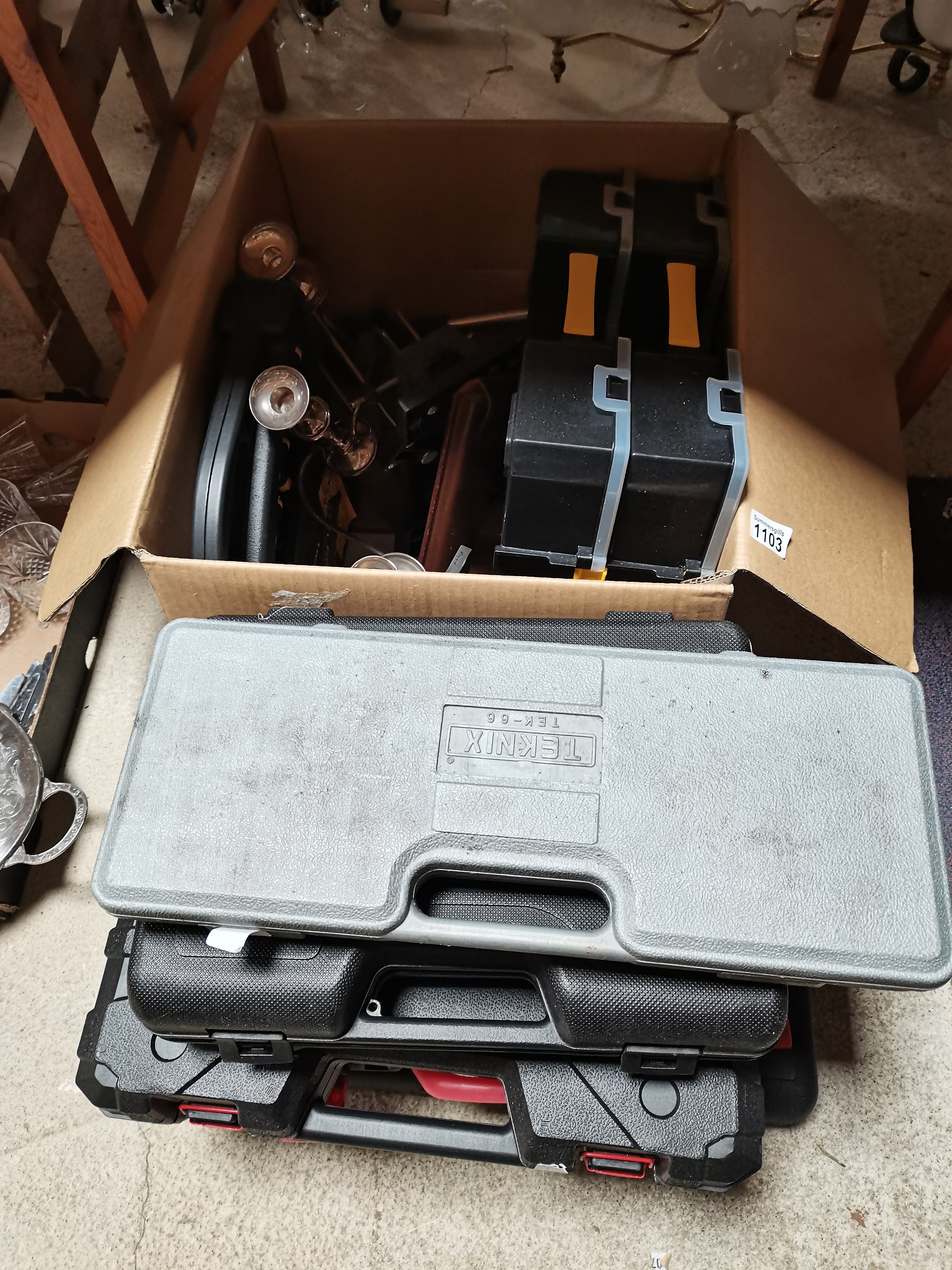 Large Box of tools plus 5 plastic tool boxes containing socket sets etc