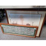 Framed train cigarette cards plus painting of train