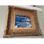 Oil painting in gilt frame signed LaMay "Stormy night September 2007" 12" x 9"
