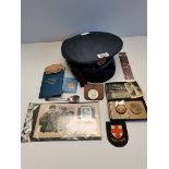 RAF hat and military stamps collection and misc. items