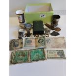 A box of Misc. Inc. - watches, old coins, pen knife etc