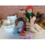 3 Teddy Bears (2 Harrods) 1 Paddington Bear plus Porcelain dolls