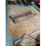 Large cream/beige 100% wool + Silk in Tibet rug G H Frith - slight red stain 271cm x