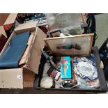 3 x boxes misc. items incl newspaper from 1936, tins, cigarette cards, brassware etc