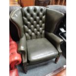 Green leather queen Ann chesterfield armchairCondition StatusCondition Grade:  B Good: In good