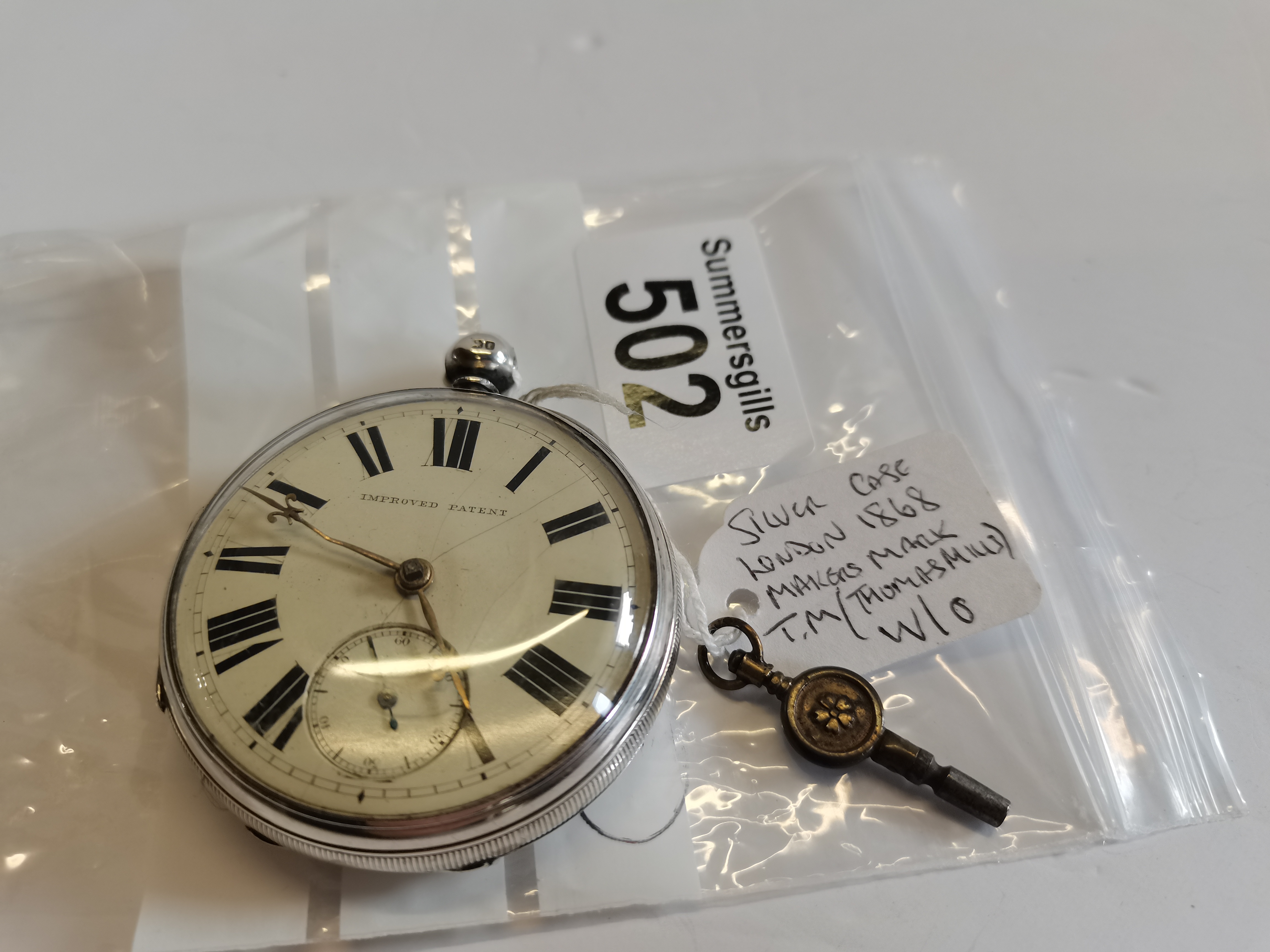 Silver case London 1868 pocket watch. Makers mark T.M (Thomas Mills) (w/o)