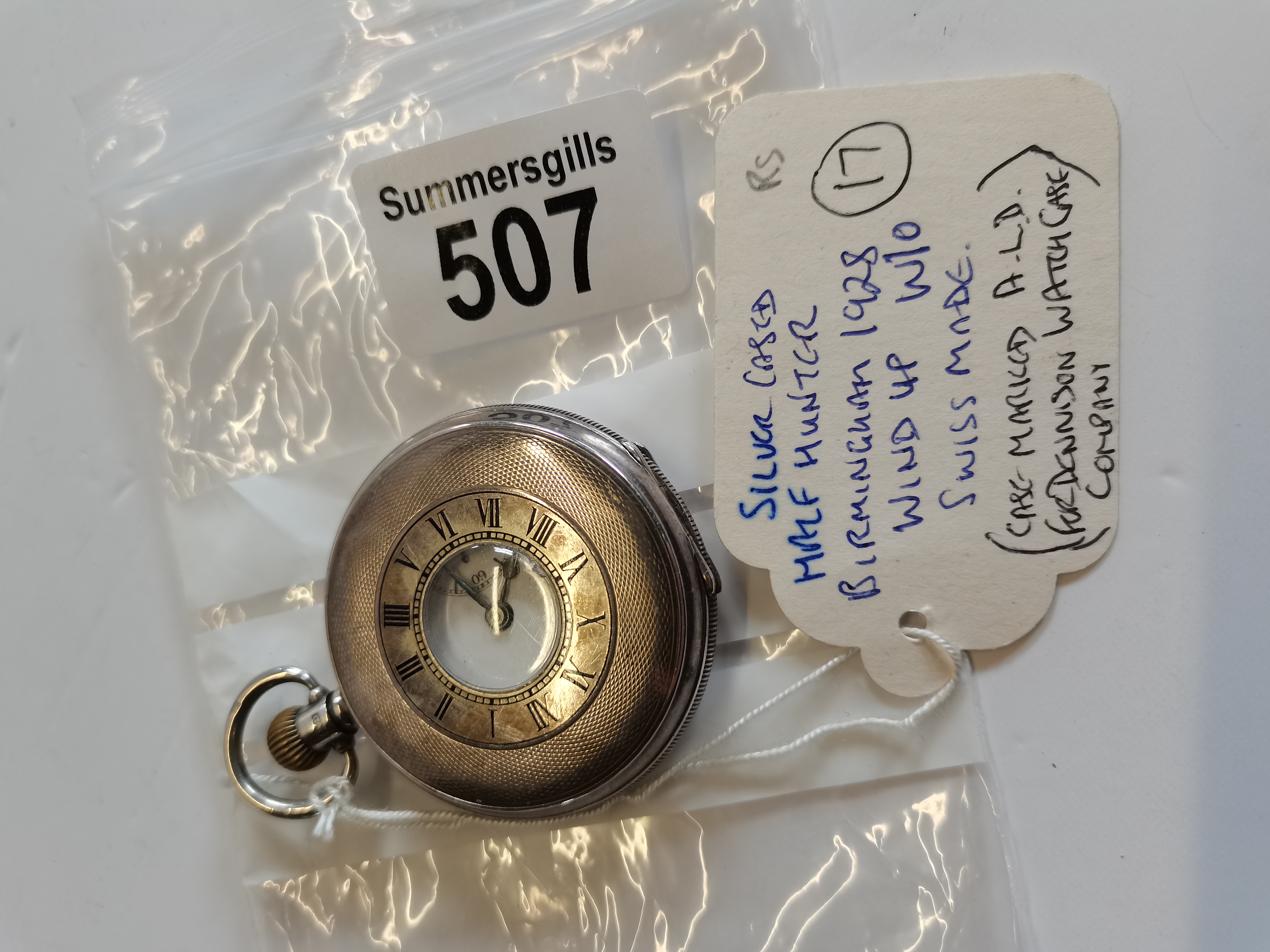 Silver cased Half Hunter pocket watch Birmingham 1928 wind up w/o Swiss made. (case marked A.L.D for