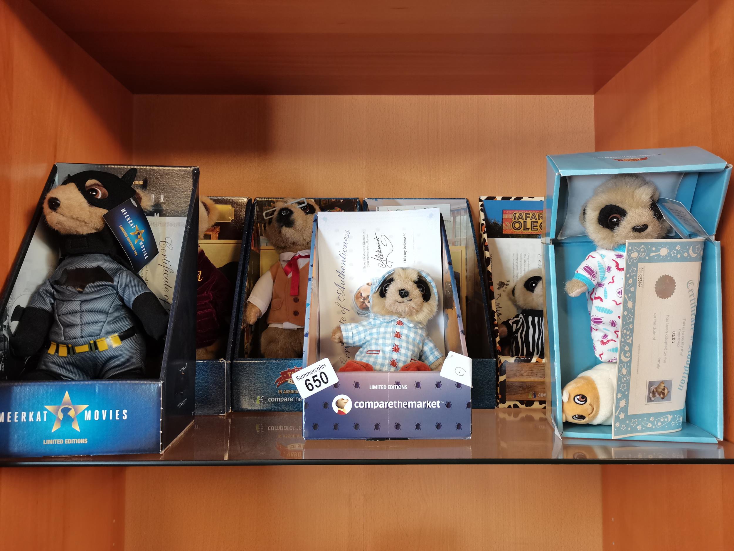 Set of 7 meerkat soft toys in original boxes Condition Grade: