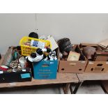 4 x boxes misc. items incl old tins, ships in bottles, tribal mask etc