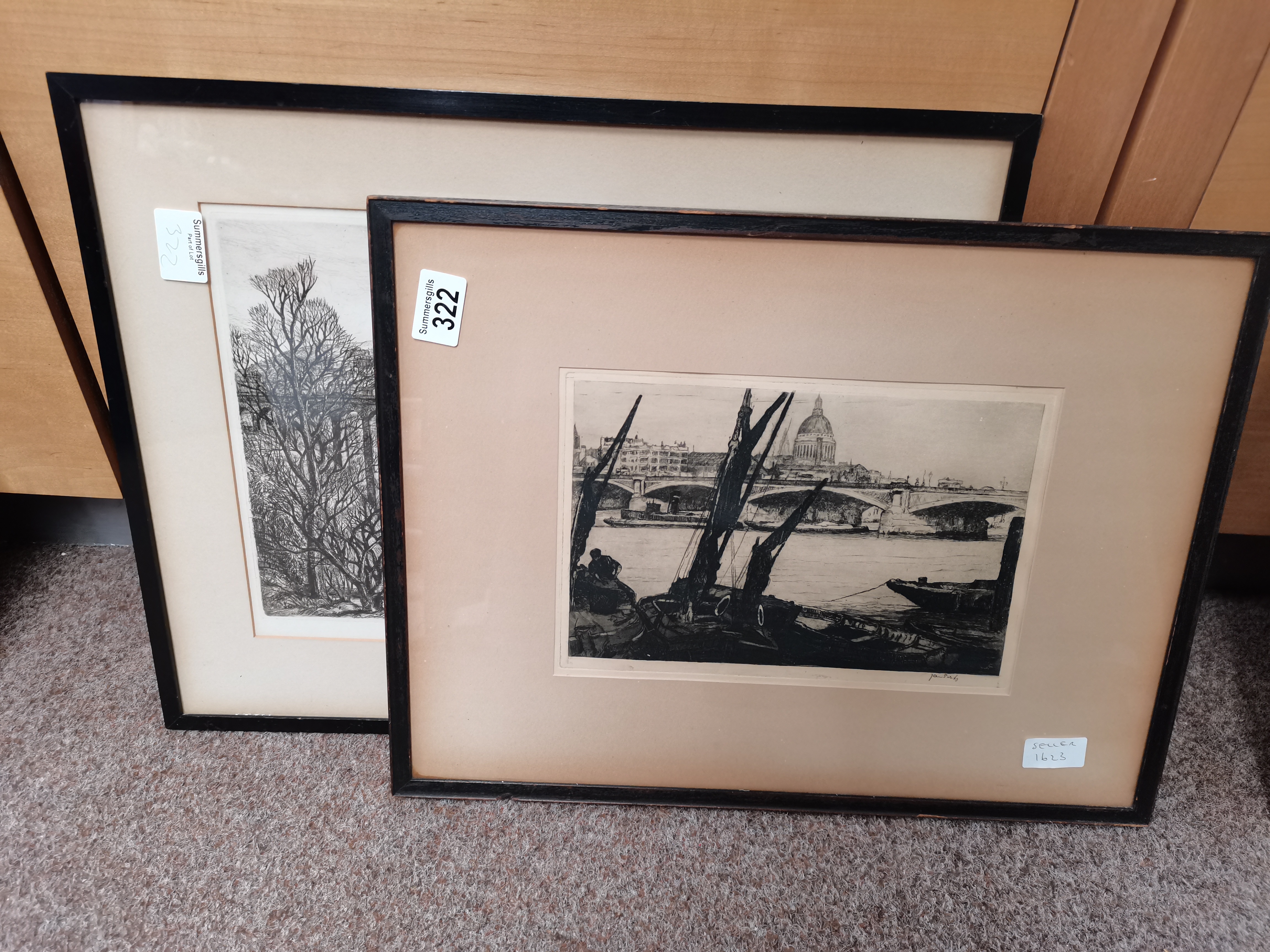 Etchings of Black Friars Bridge London and Huddersfield Viaduct by Marion Rhodes