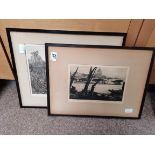 Etchings of Black Friars Bridge London and Huddersfield Viaduct by Marion Rhodes