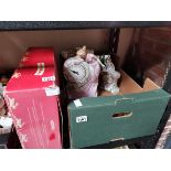 Box of lady figure clocks, mirror plus bunnykins by Royal Doulton collection base in box