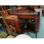 floor standing corner Edwardian display unit, antique 4ht chest of drawers, pine cupboard and