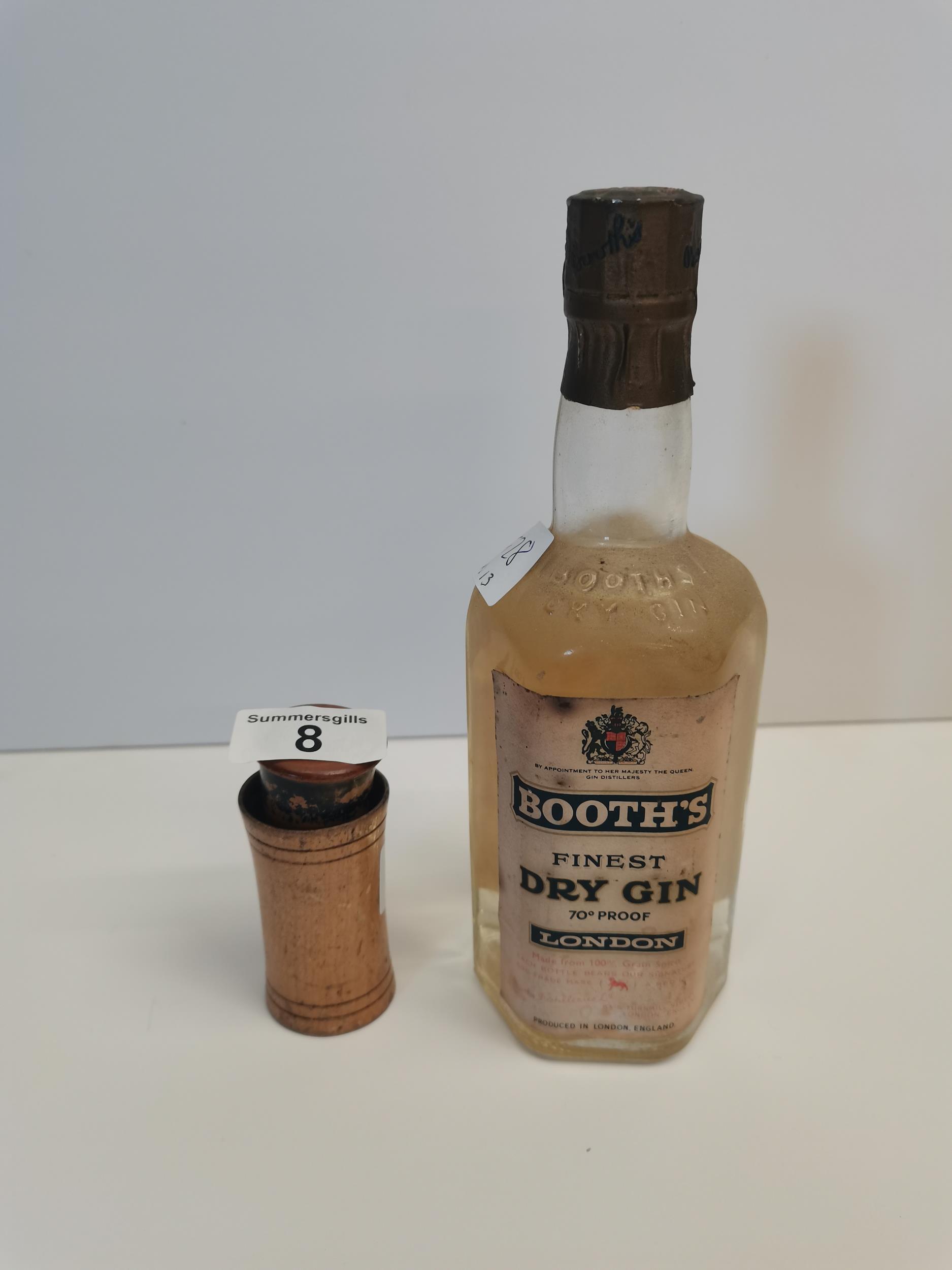 Booths Gin 1961 and whiskey sampler treen - bottle height 21cm