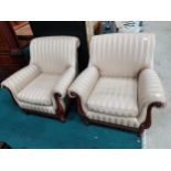 x2 mahogany armchairs with gold stripped fabric in good condition