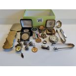 A box of Misc. Inc. - Pocket watches, medals, silver items etc