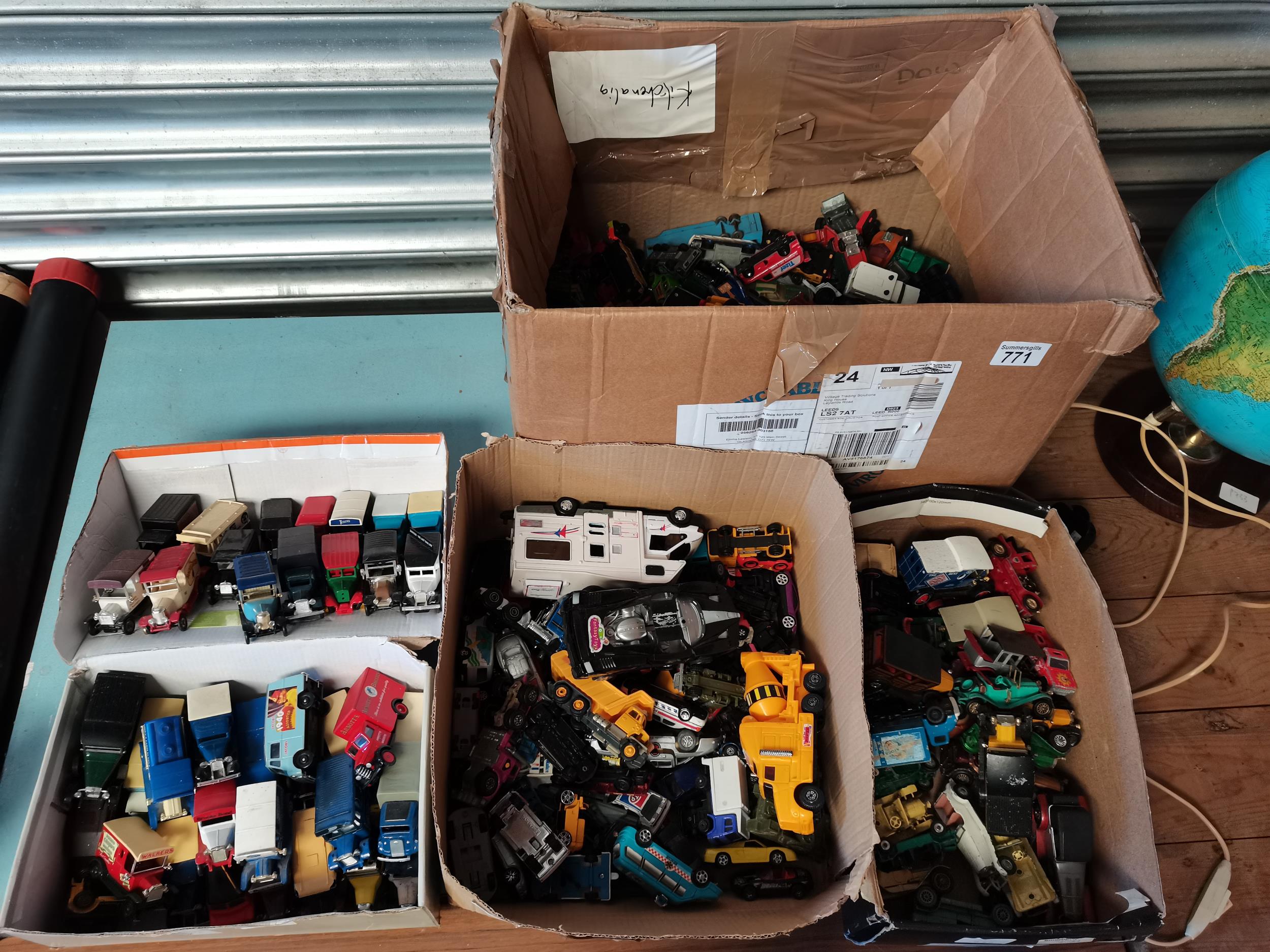 4 Boxes of playworn toy cars Mainly Diecast some Plastic to include Matchbox Lesney, Lledo