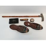 Vintage items incl camera, walking cane handle, small shoes etc