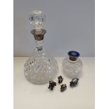 Crystal decanter with silver neck, crystal ink bottle with silver neck plus x4 silver miniature