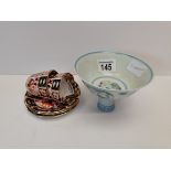 Chinese Porcelain stem cup with 6 character marks, chip on rim plus 2 espresso Royal Crown Derby