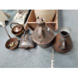 Large antique square copper kettle plus another, large and small antique copper jugs, large brass