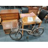 Misc. furniture inc. square dining table and 2 leather chairs, Raleigh shopper bike etc