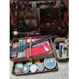 7 x boxes of misc. items incl Hornby model railway carriages and track, vintage toys, Silver