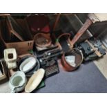 Collection of vintage items inc. printing/pressing stone figures, Bar-lock typewriter, bottles, coal