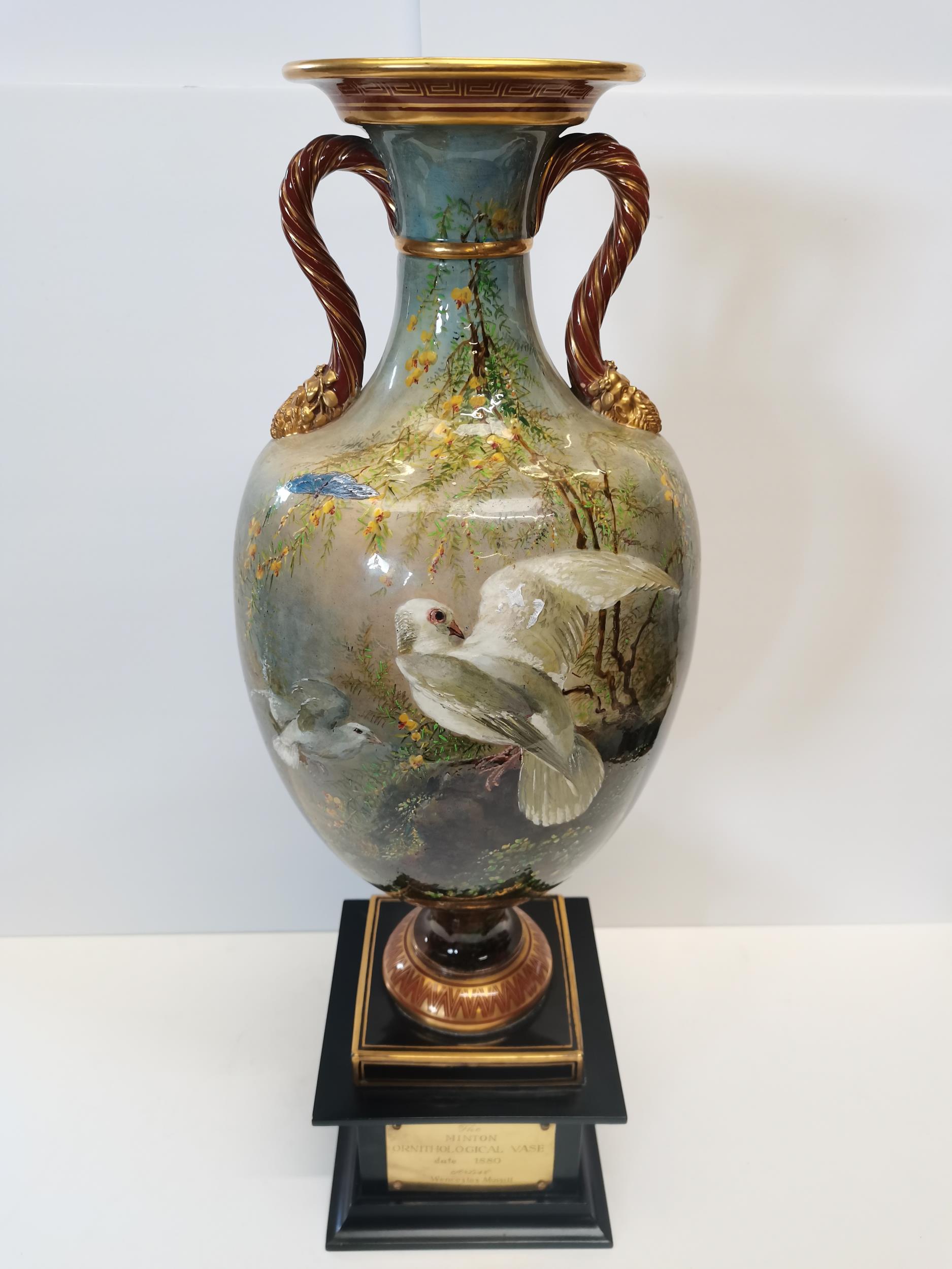 Minton Ornithological Vase date 1880 Artist Weneeslas Mussill ex condition 61cm in height total,