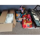 Large Box of linen, Fire Boat, Duracell Globetrotter Bunny and assorted toys