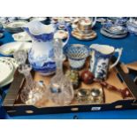 Misc. items incl. glass decanters, ink wells, large blue and white jug etc etc