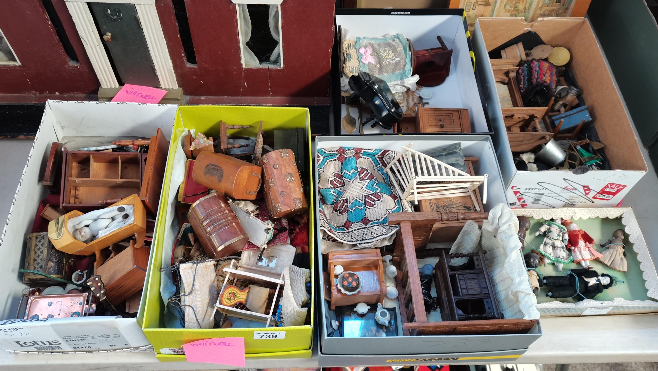 5 Boxes of dolls House Furniture and 1 box of small dolls house dolls