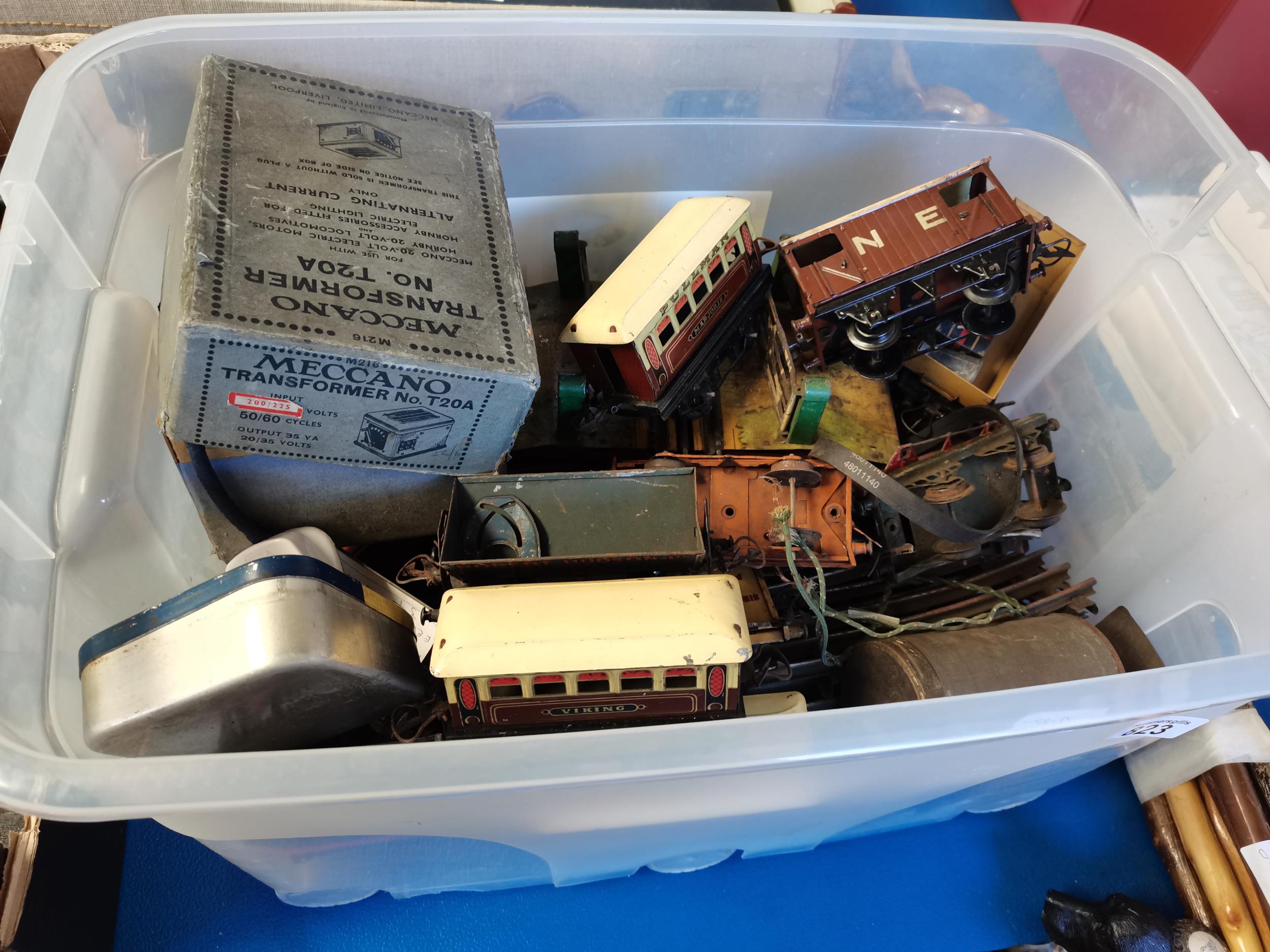 Box of vintage tin Railway Carriages Transformer and Track Etc