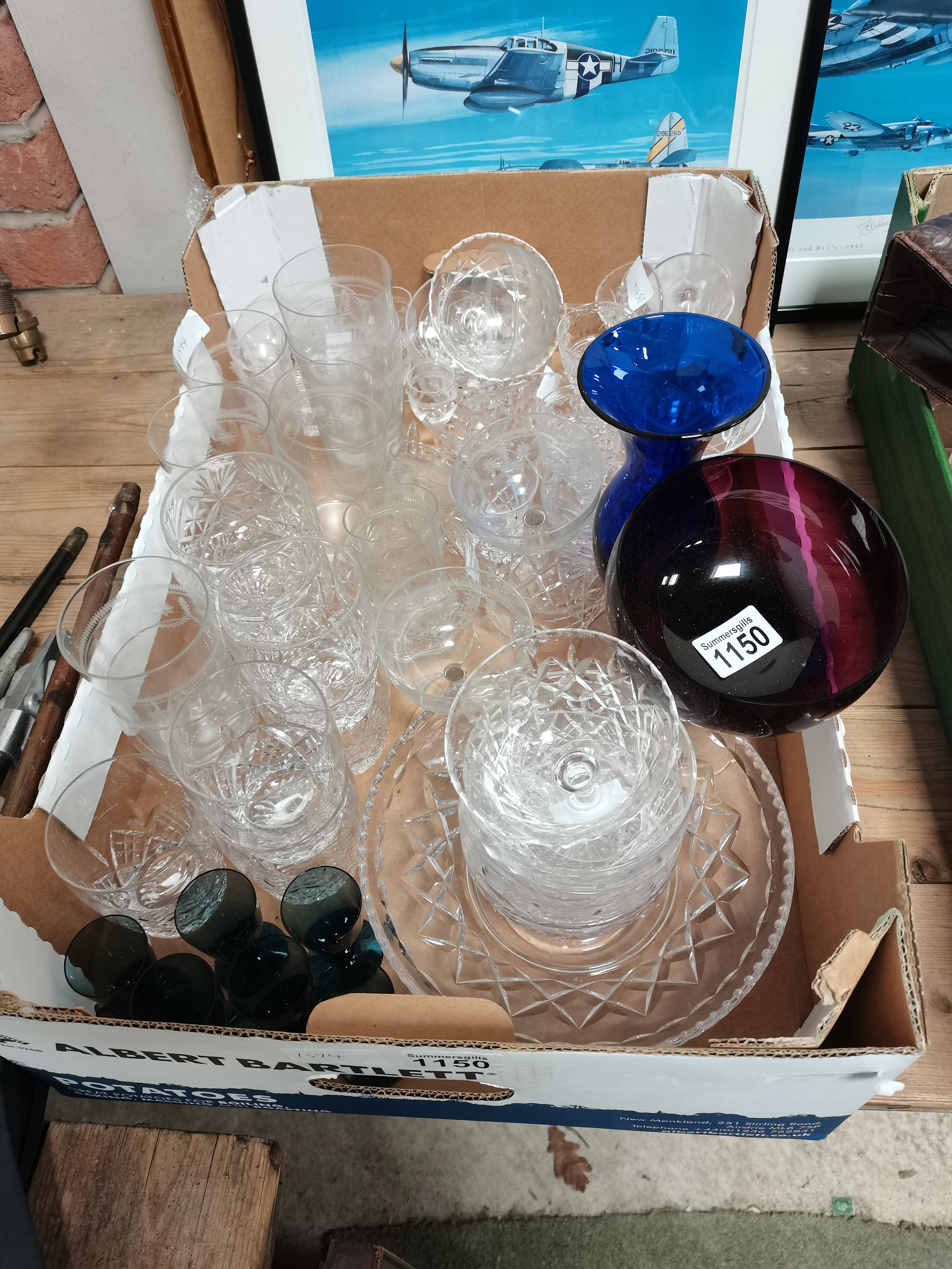 Box of cut glass and coloured glassware