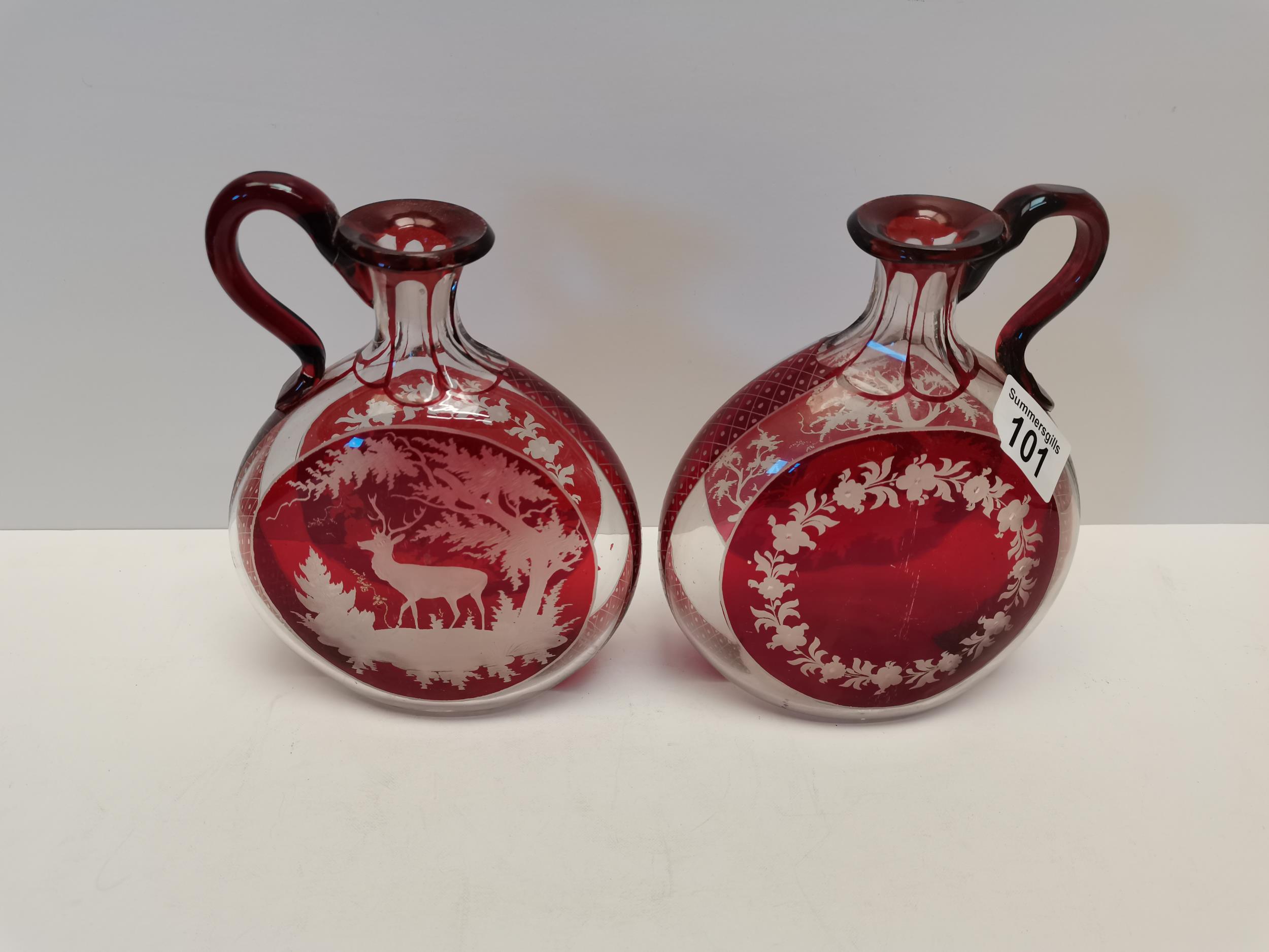 Pair of bohemian red decanters