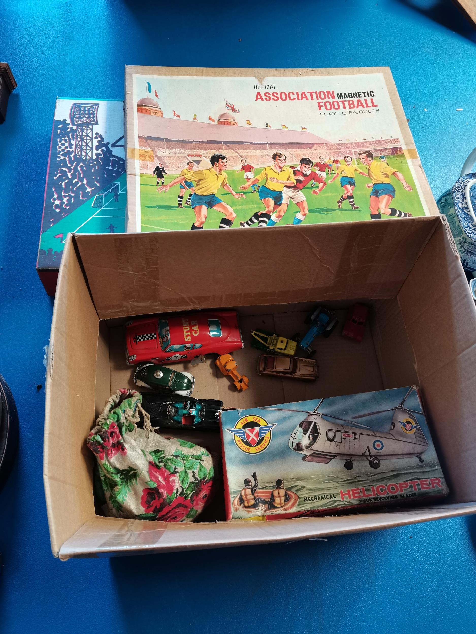 Chad Valley soccer Game, Magnetic football Game, Mechanical Helicopter all in boxes plus a bag of