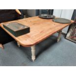 Farmhouse pine kitchen table with painted legs W118cm x L178cm and Purple stool / puffee (in good