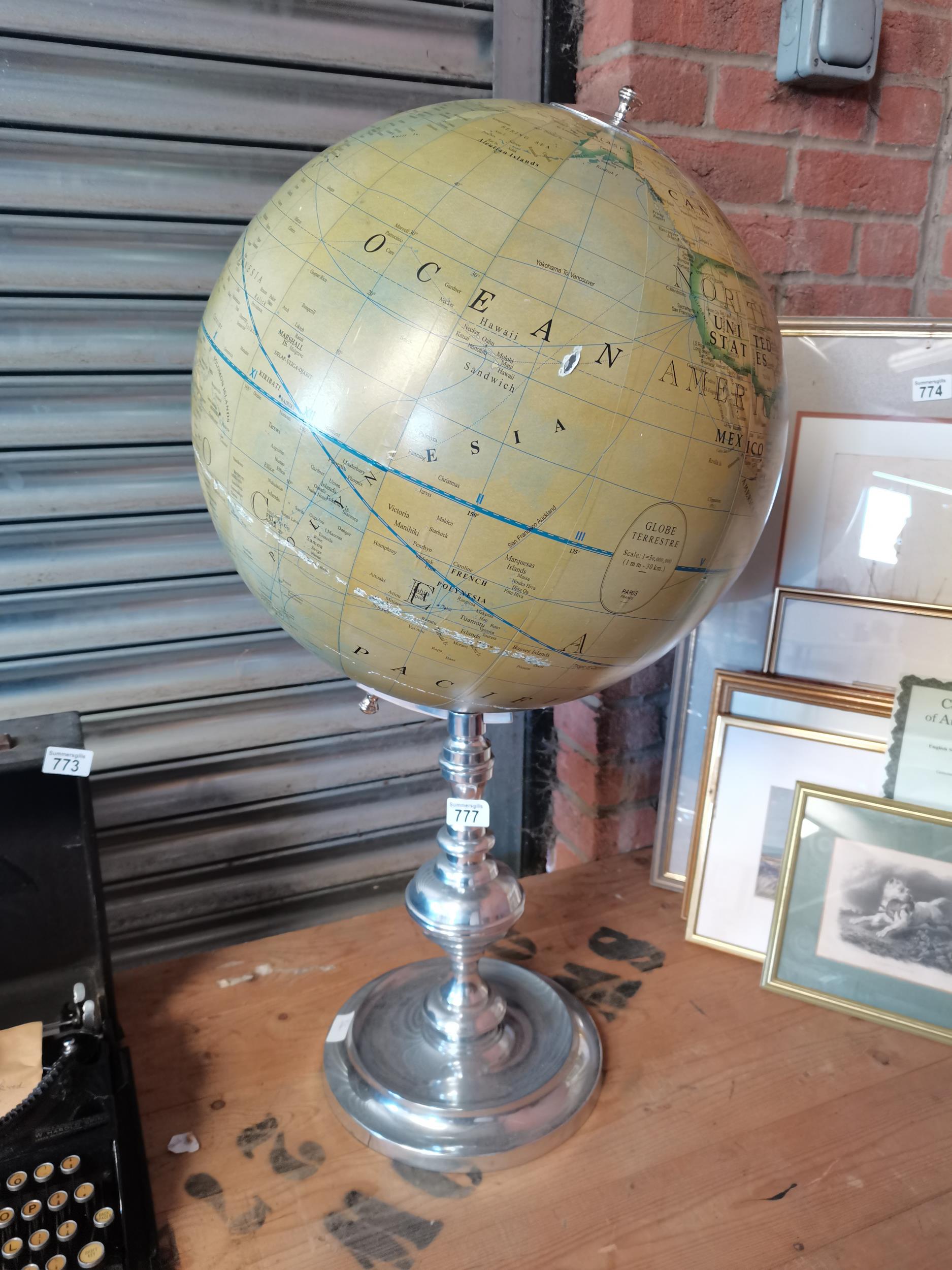 Large Globe with light on a chrome stand