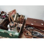 Box of misc items incl old books incl Robinson Crusoe 1924 edition, cutlery etc