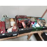 4 x boxes interesting vintage items incl Oriental tins, leather cases, costume jewellery, books,
