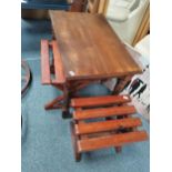 Oak dining table and matching end extension, x2 wooden slotted stools 90cm x 59cm