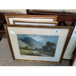 Oil painting of Country scene A J Pease plus 2 framed watercolour and Oriental scene