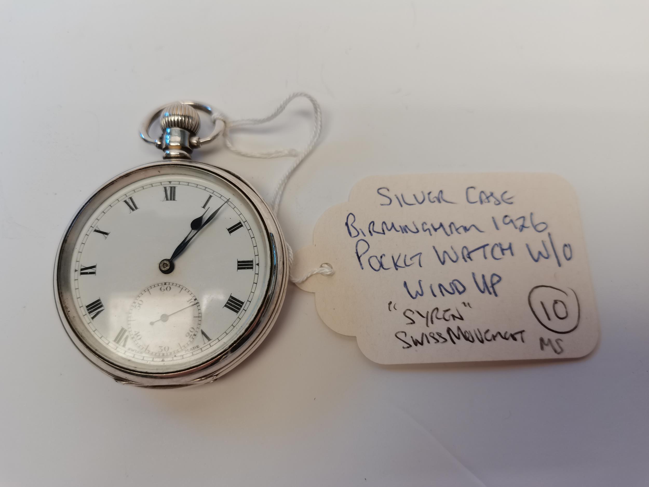 Silver case Birmingham 1926 Pocket watch 'Syren Swiss Movement' Wind up w/o