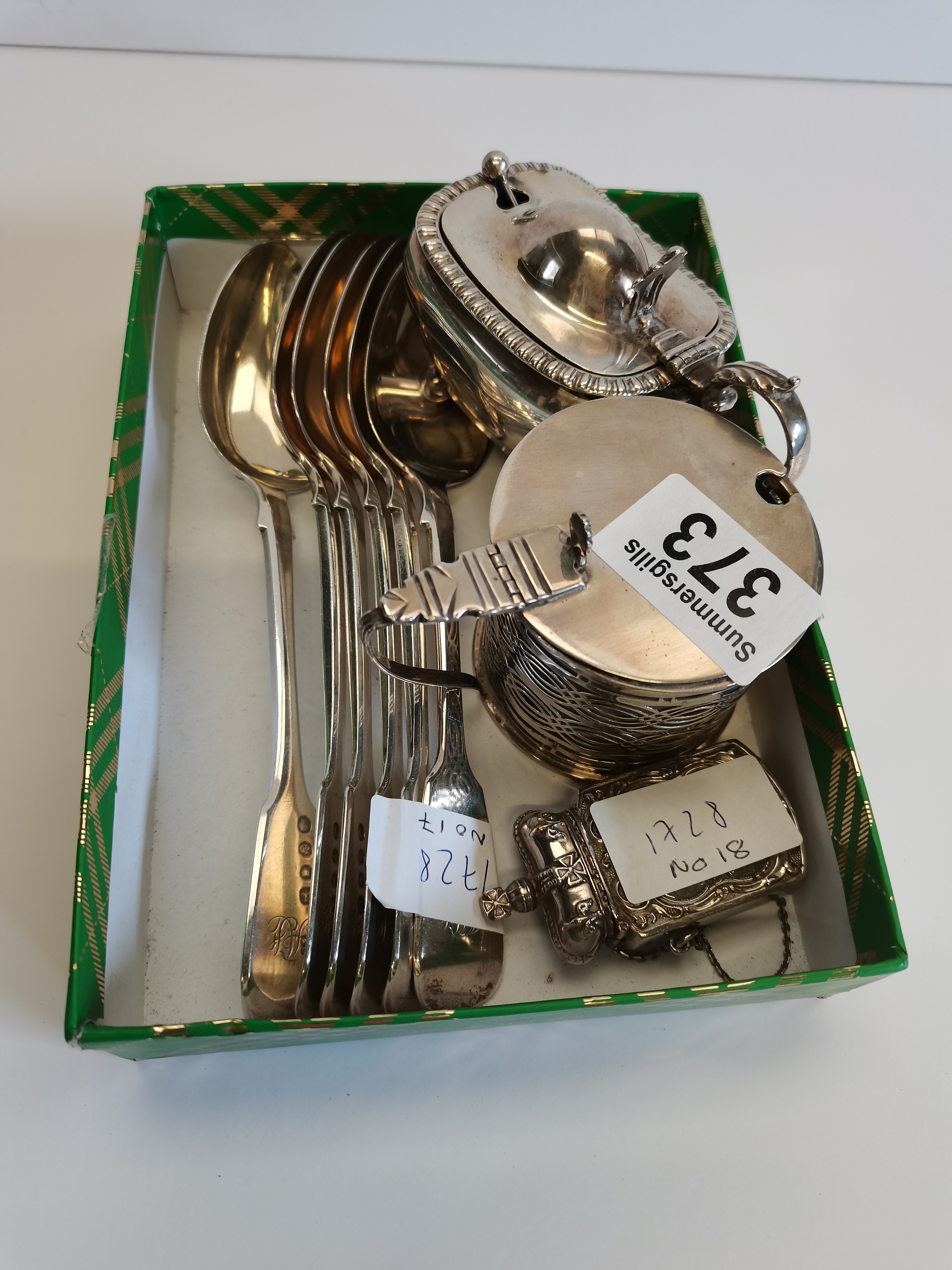 Silver wear Inc., desert spoons, mustard pots and vesta case