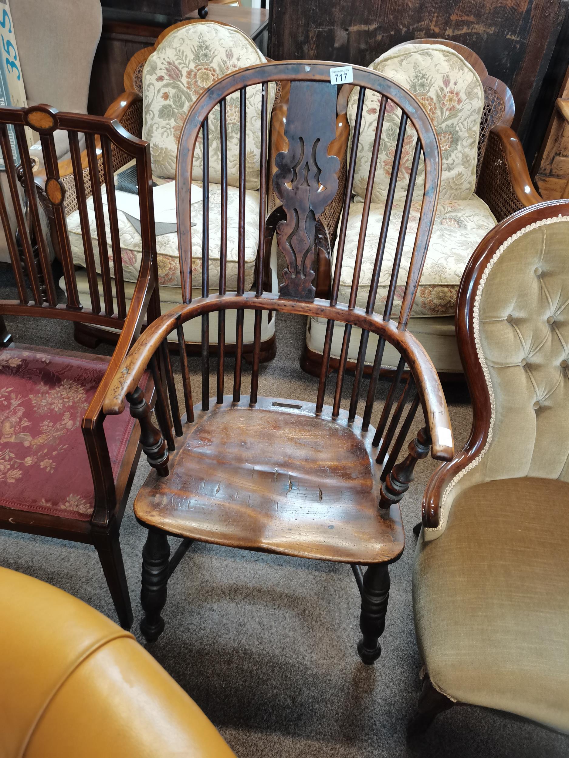 Yew wood high back Windsor chairCondition StatusCondition Grade:  B Good: In good condition but